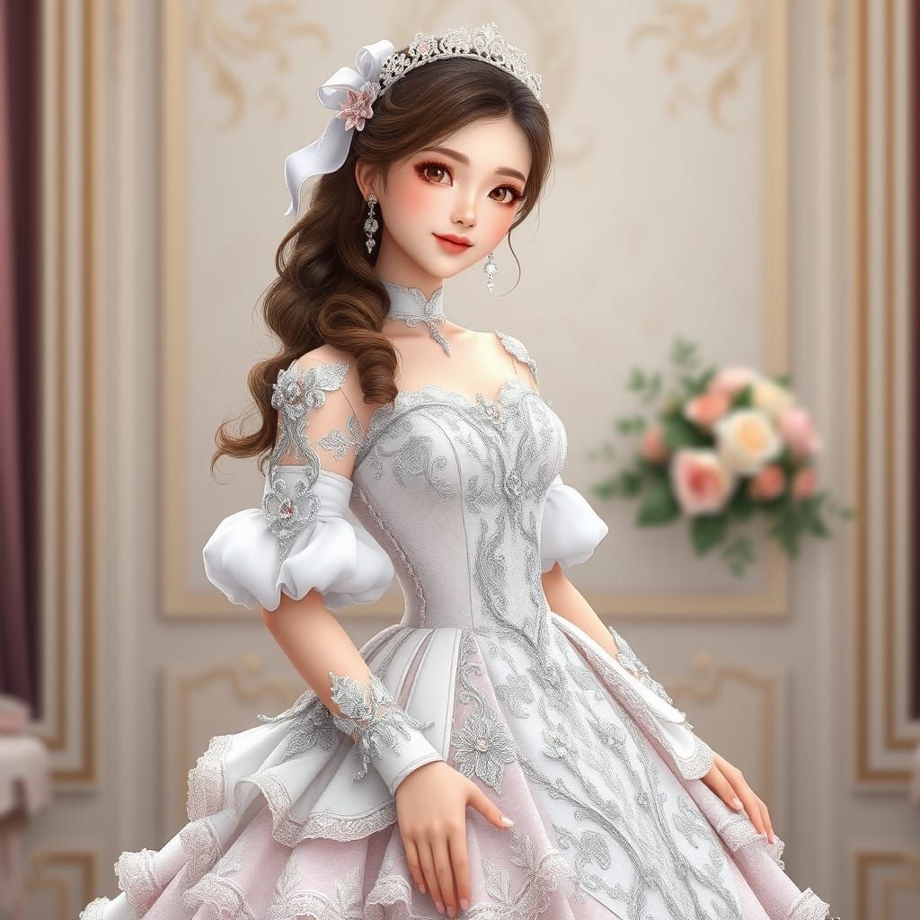 A 20 year old lady wearing an aristocats wedding dress