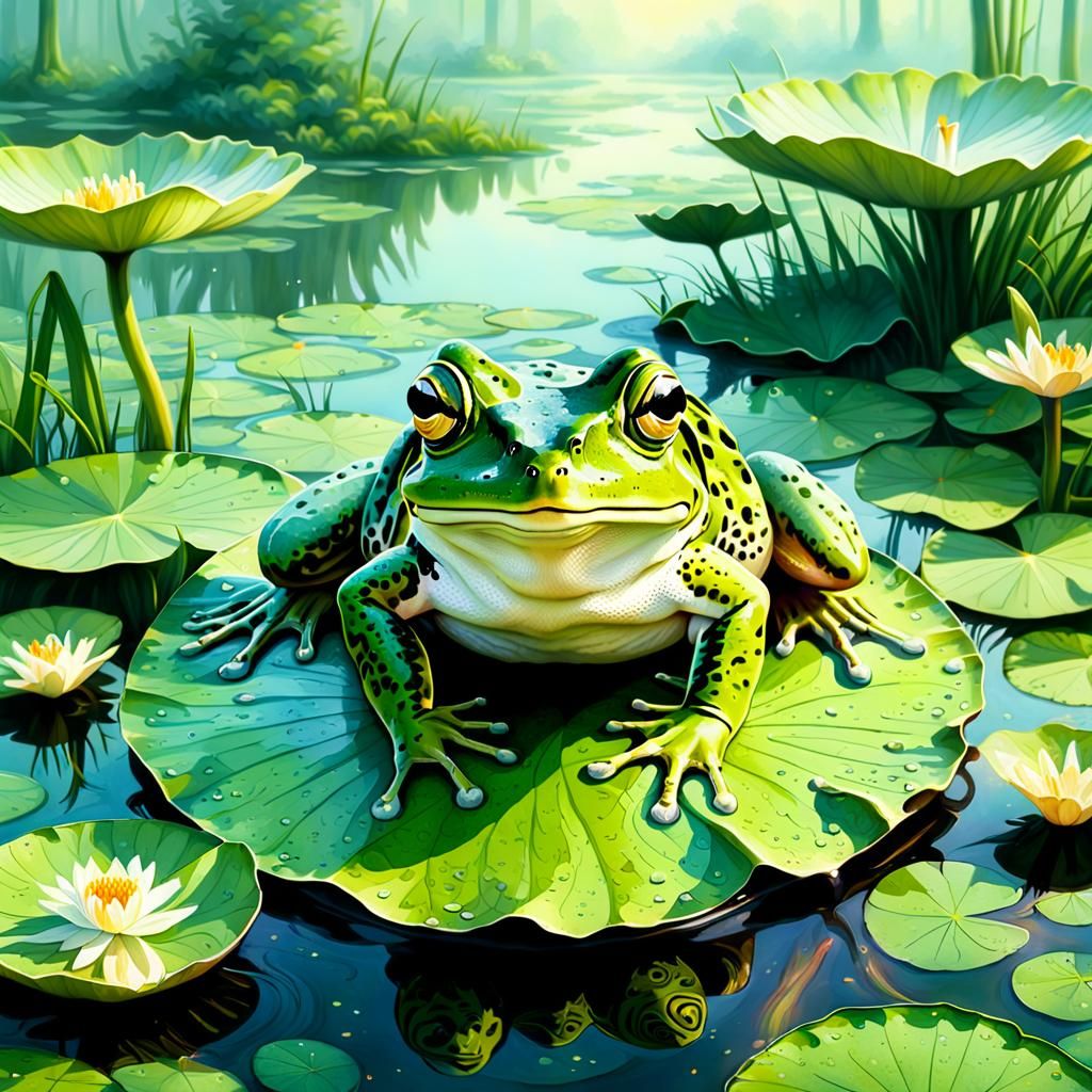 Green Frog on Lily Pad in Dreamlike Swamp