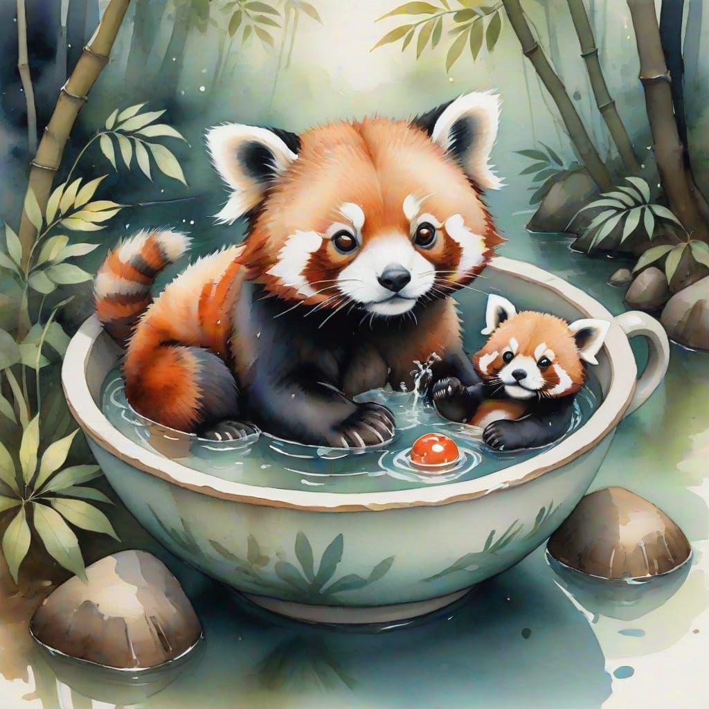 Baby Red Pandas in Teacup Hot Tub, Watercolor