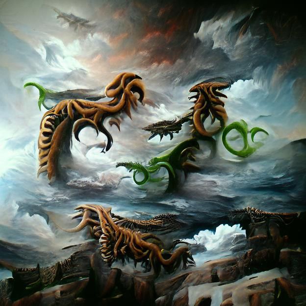 Nine-Headed Hydra Mythology Artwork as Oil Painting
