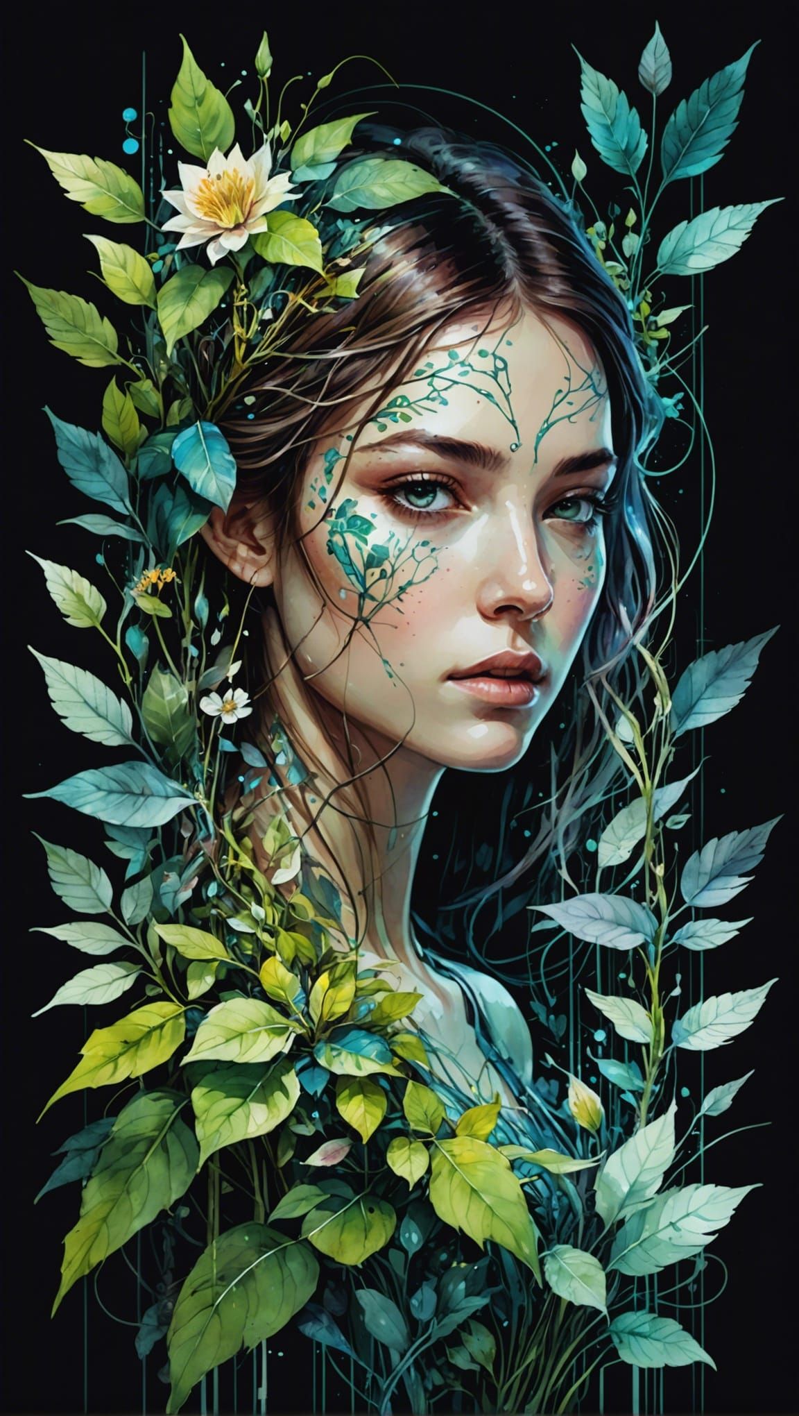 Bioluminescent Electroflora in Digital Watercolor Style