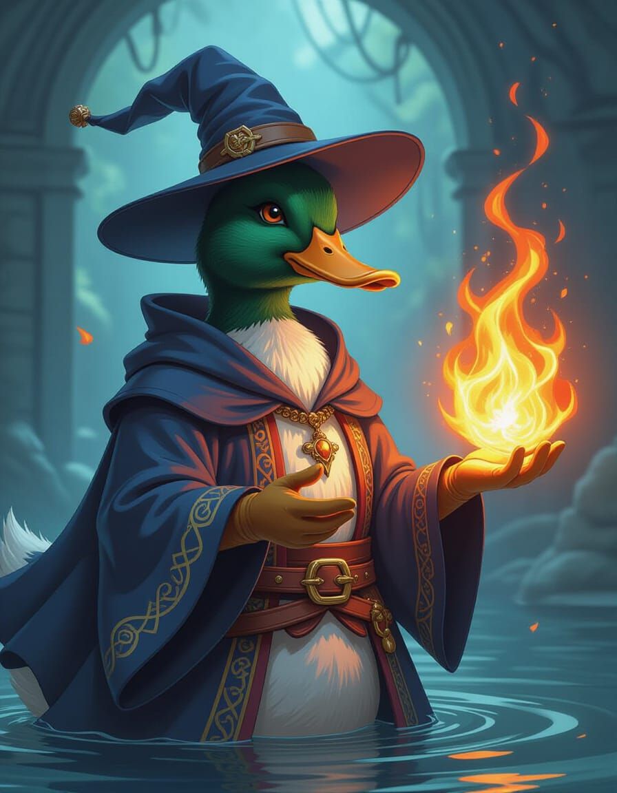Dark Fantasy Duck Mage Casting Fireball Spell