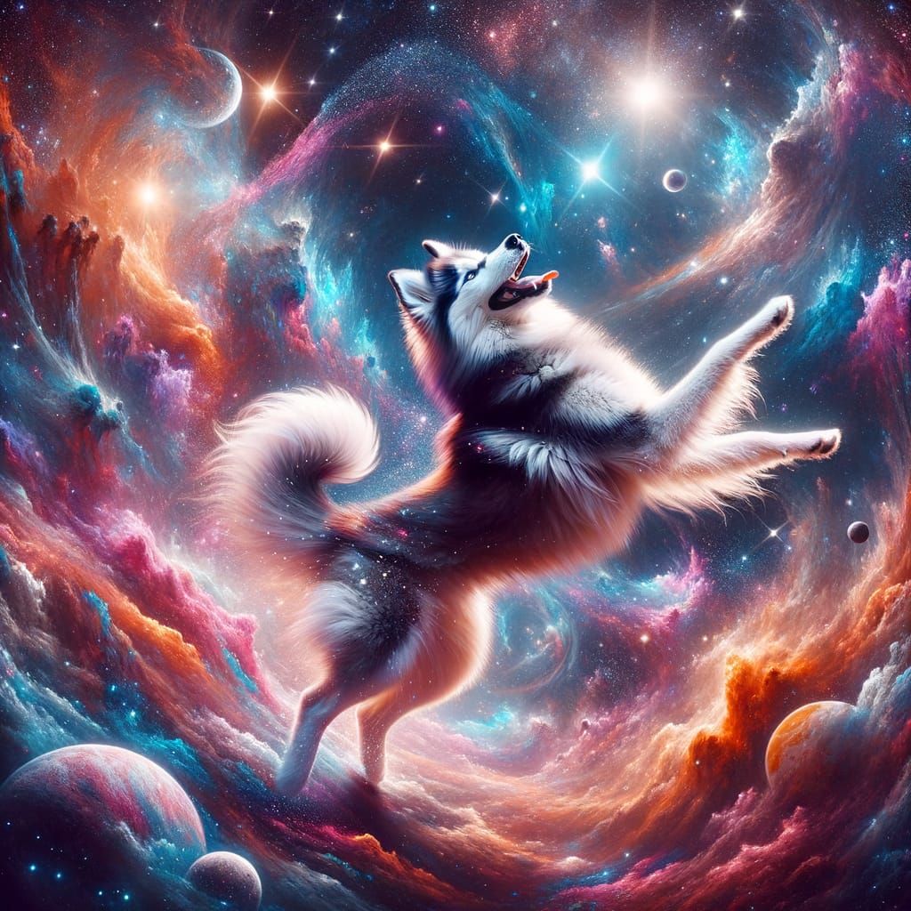 Husky's Cosmic Dance: A Matte Painting in Space