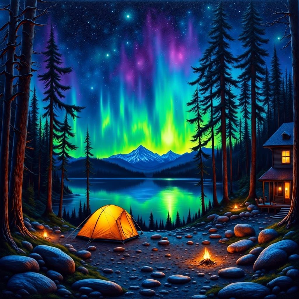 Neon Lit Lakeside Camping Scene in Grungy Oil Painting