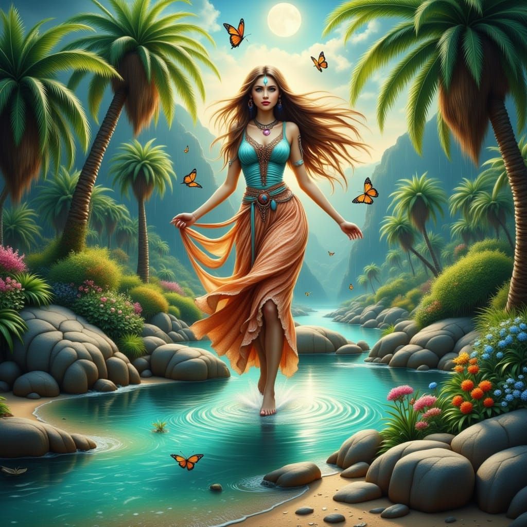 Ethereal Mediterranean Goddess in Vibrant Floral Landscape