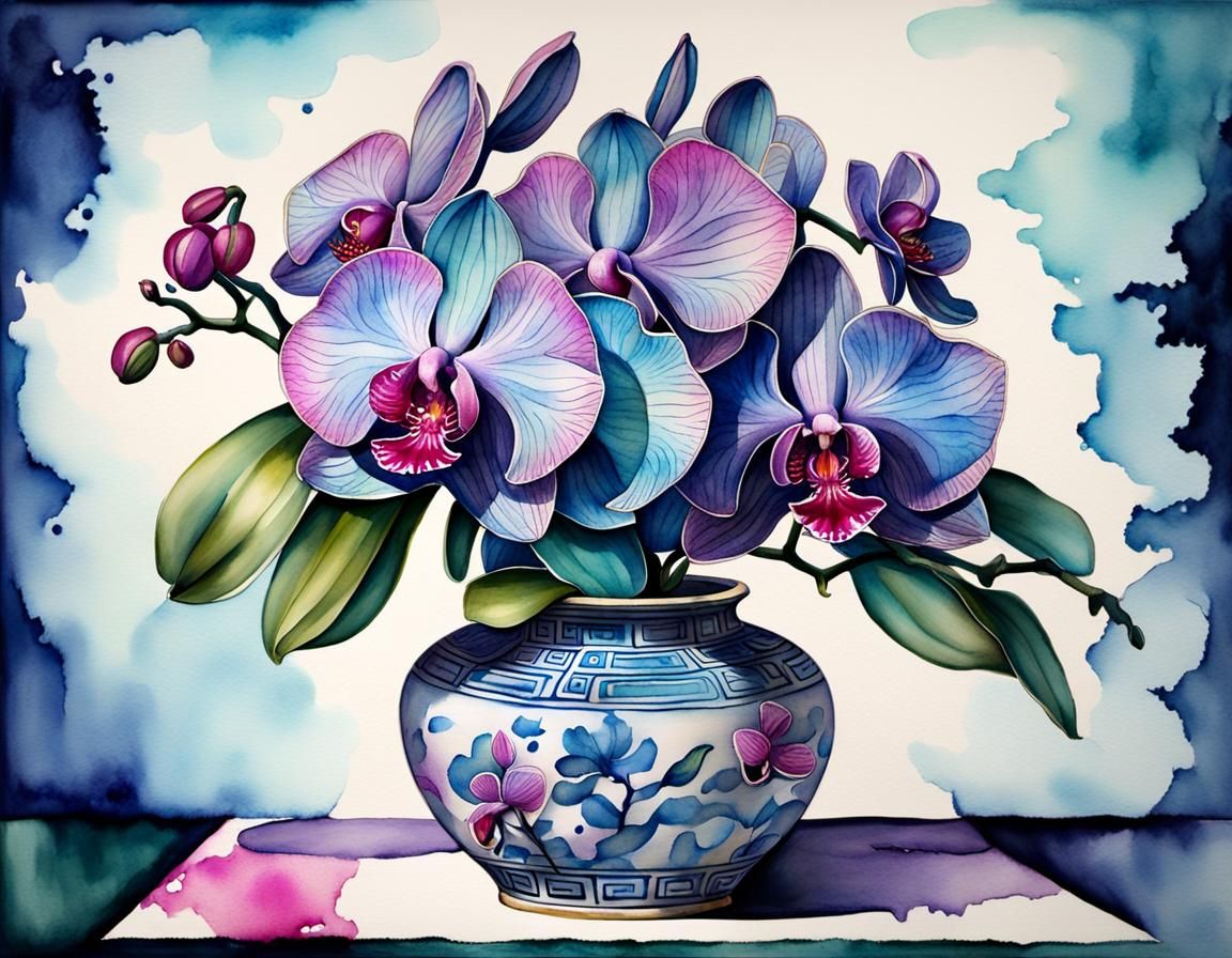 Orchids in Vase: Watercolor, Ink, Alcohol Ink