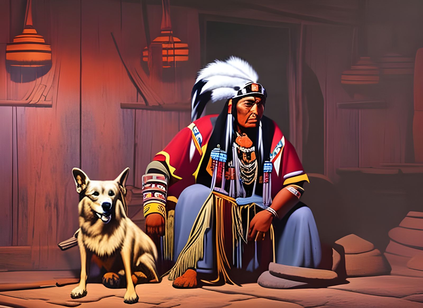 Native American in Pueblo Saloon at Night