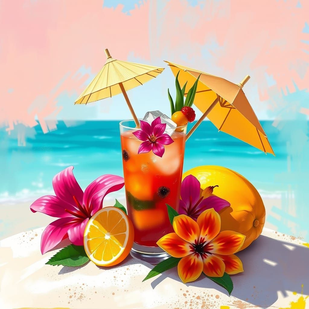 Colorful Cocktail on Sunny Beach in Digital Art Style