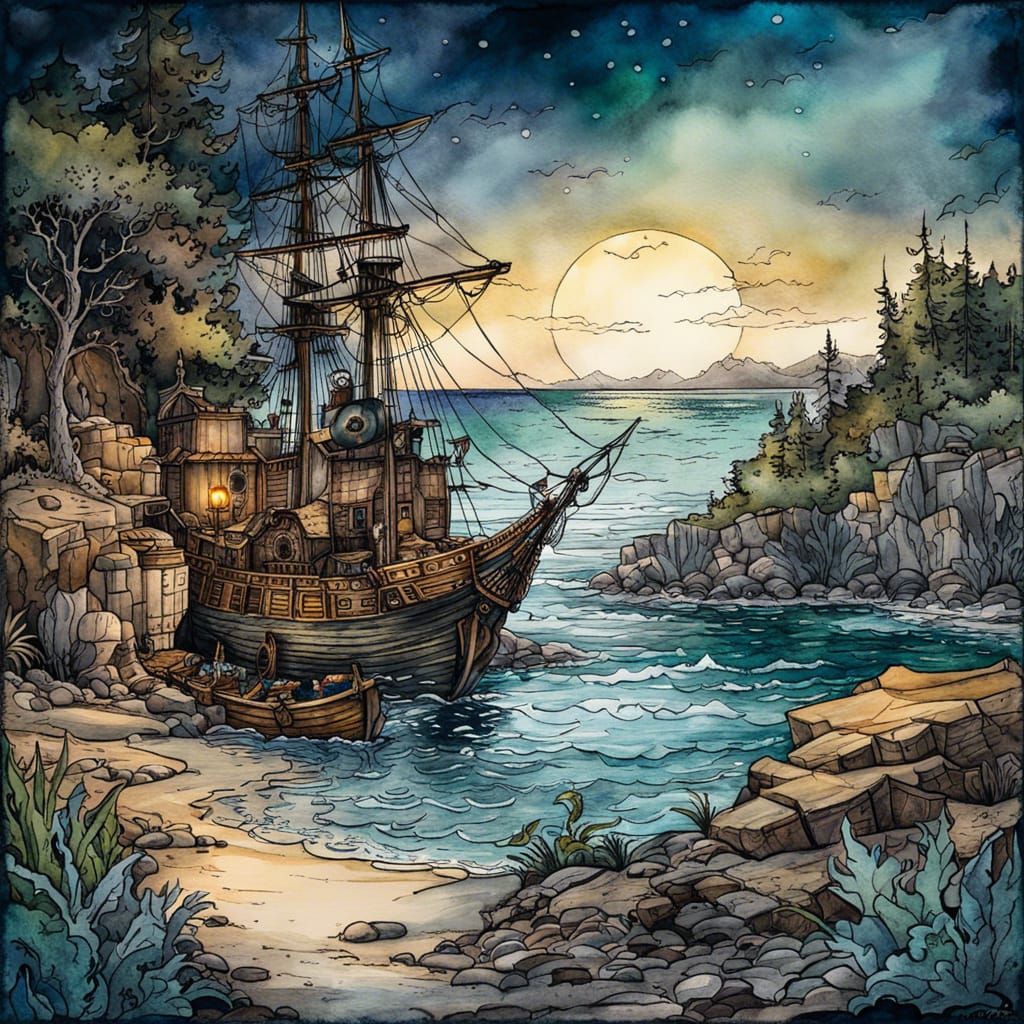 Hidden Pirate Cove at Night in Storybook Style