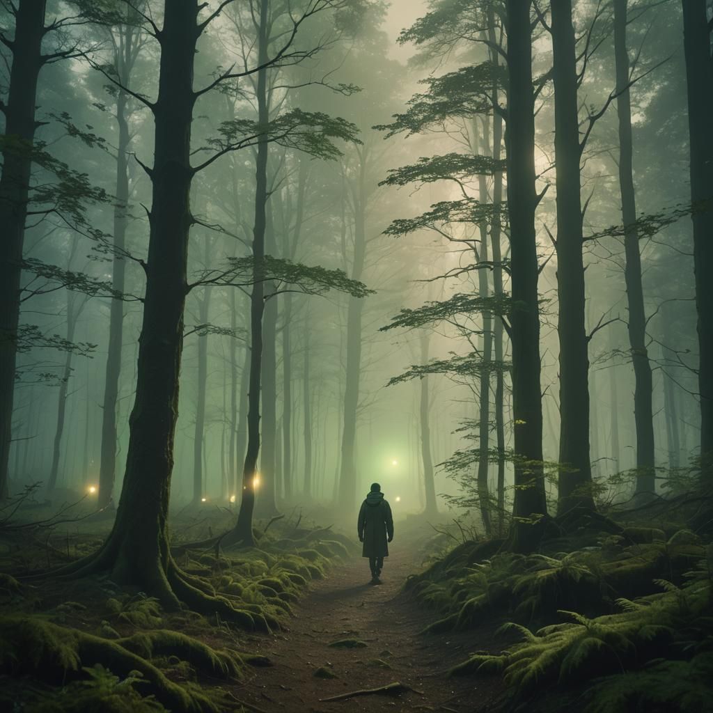 Ethereal Figure in Misty Forest with Cinematic Lighting