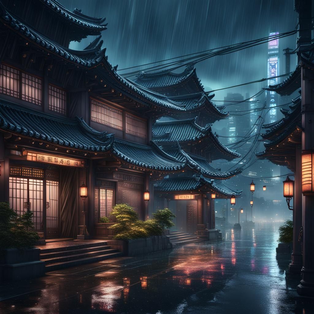 Rainy Night in Modern Korea: Detailed Matte Painting