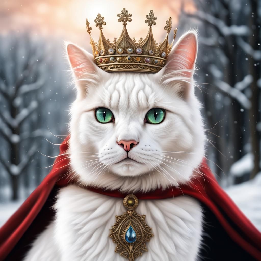 Majestic White Cat with Cape and Crown in Snow