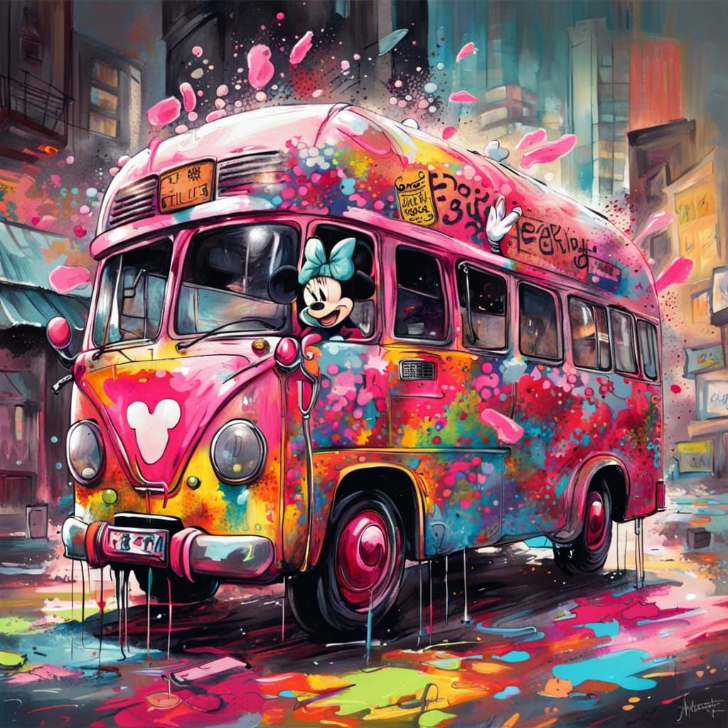 Minnie bus graffiti art, splash art, street art, spray paint...