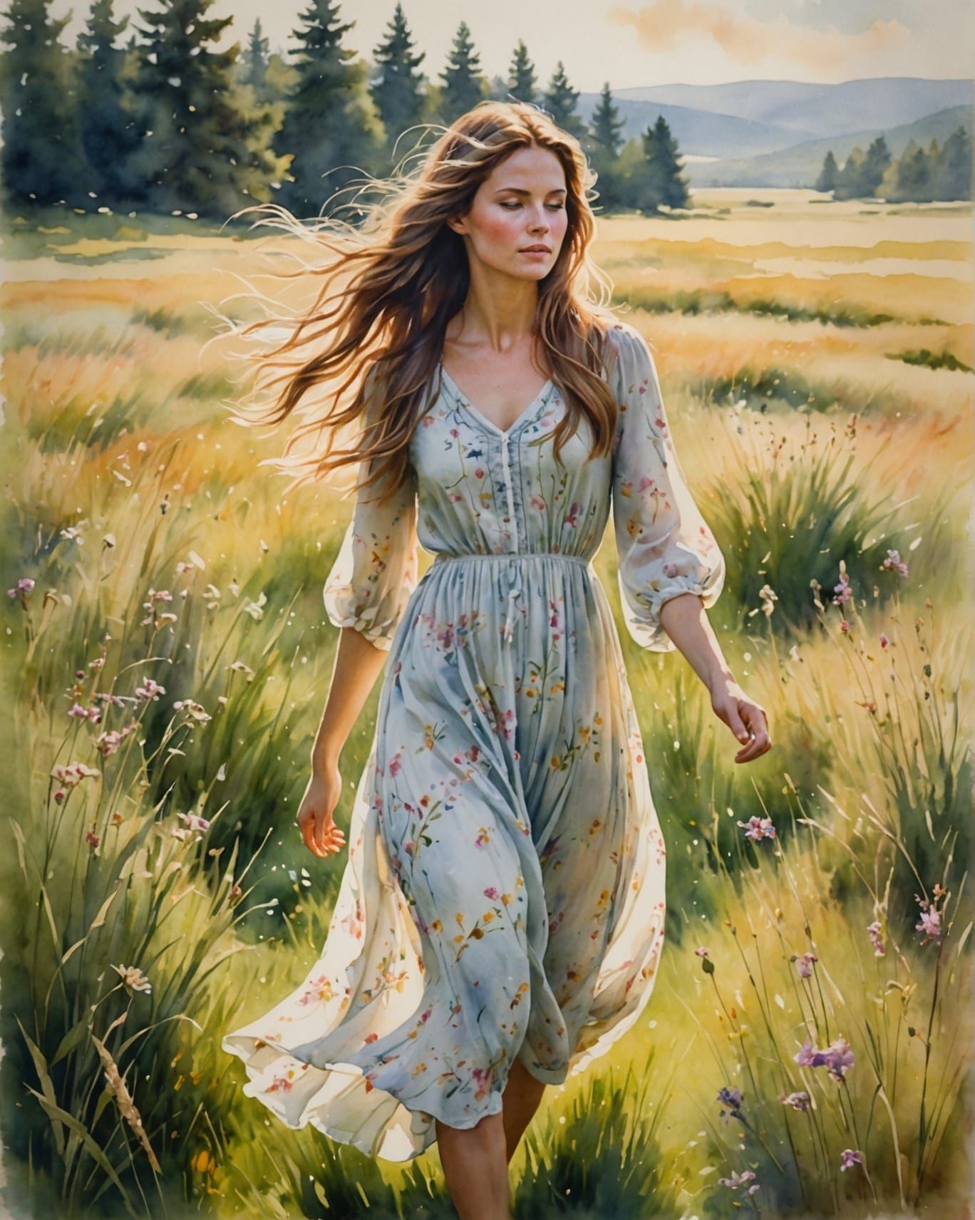 Woman in Sunlit Meadow: Watercolor Painting