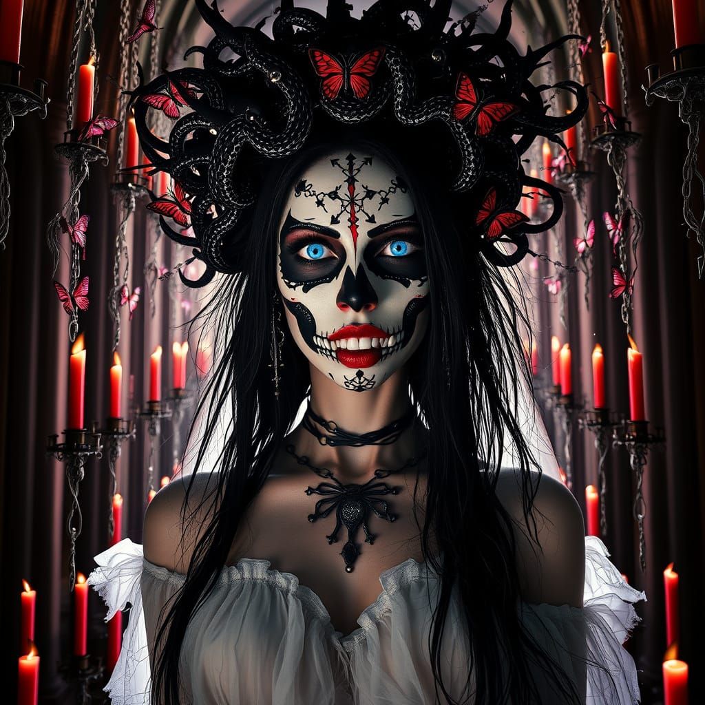 Gothic Vampire Woman with Snake Headpiece in Horror Cathedra...