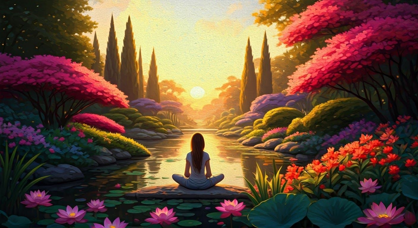 Sunset Meditation in a Vibrant Garden: Oil Painting