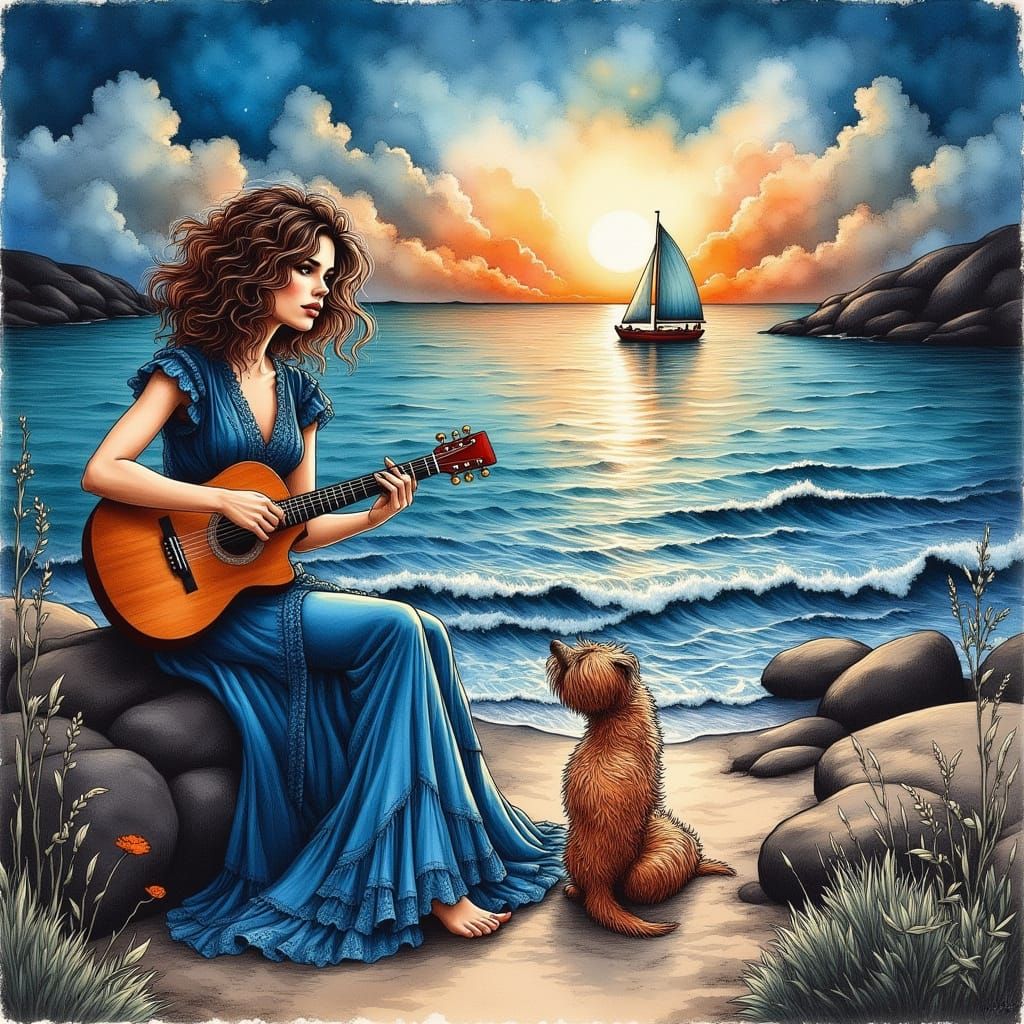 Moonlit Beach Scene with Guitarist in Watercolor Ink Style