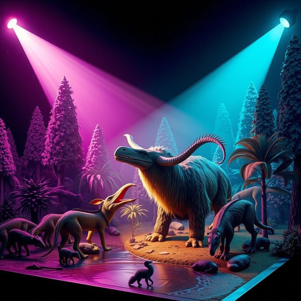 Diorama of Megafauna Illuminated by Contrasting Floodlights