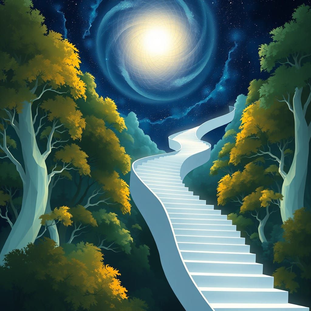 Spiraling Staircase Ascends Through Mystical Forest in Lumin...
