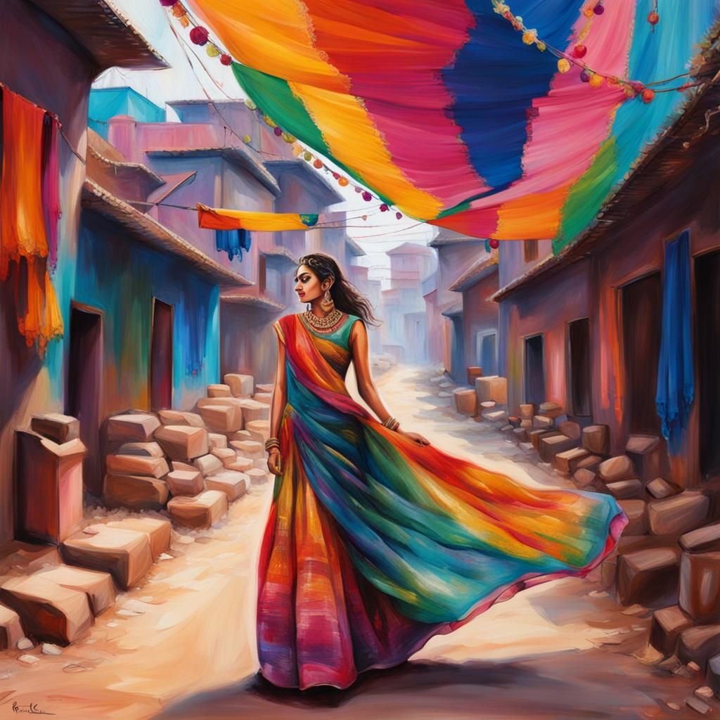 Whimsical Girl in Sari with Anamorphic Art
