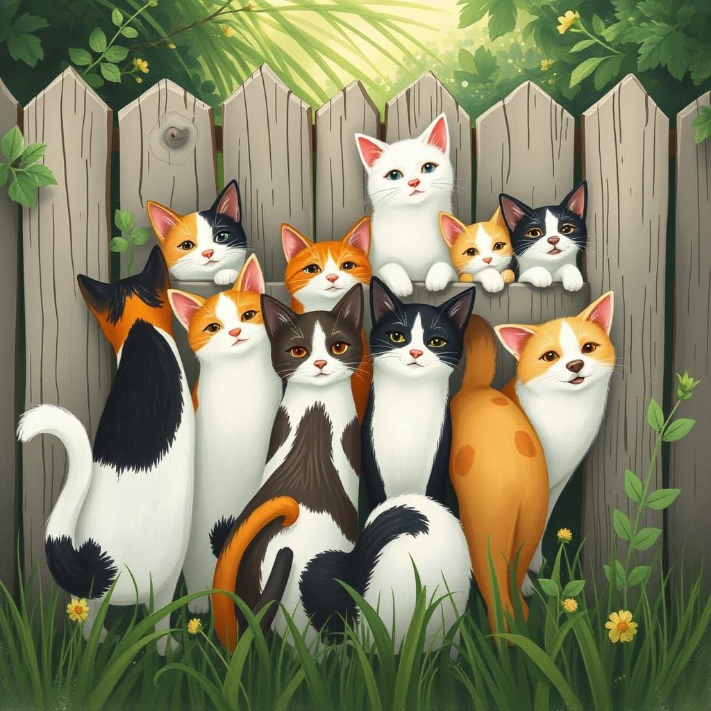 Happy Stray Animals Behind a Wooden Fence