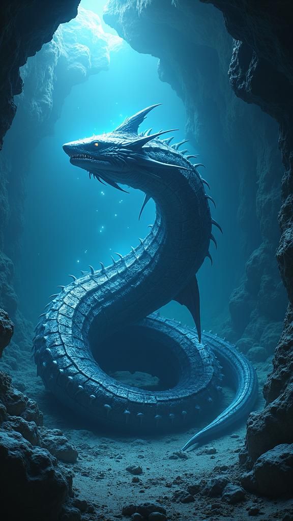 Serpentine Shark Hybrid in Bioluminescent Cave