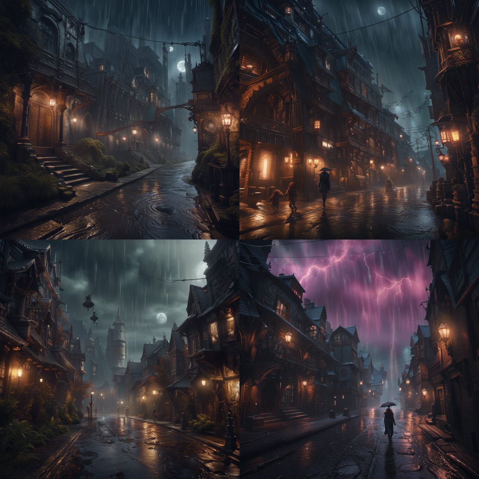 Night Walk in the Rain: Detailed Matte Painting