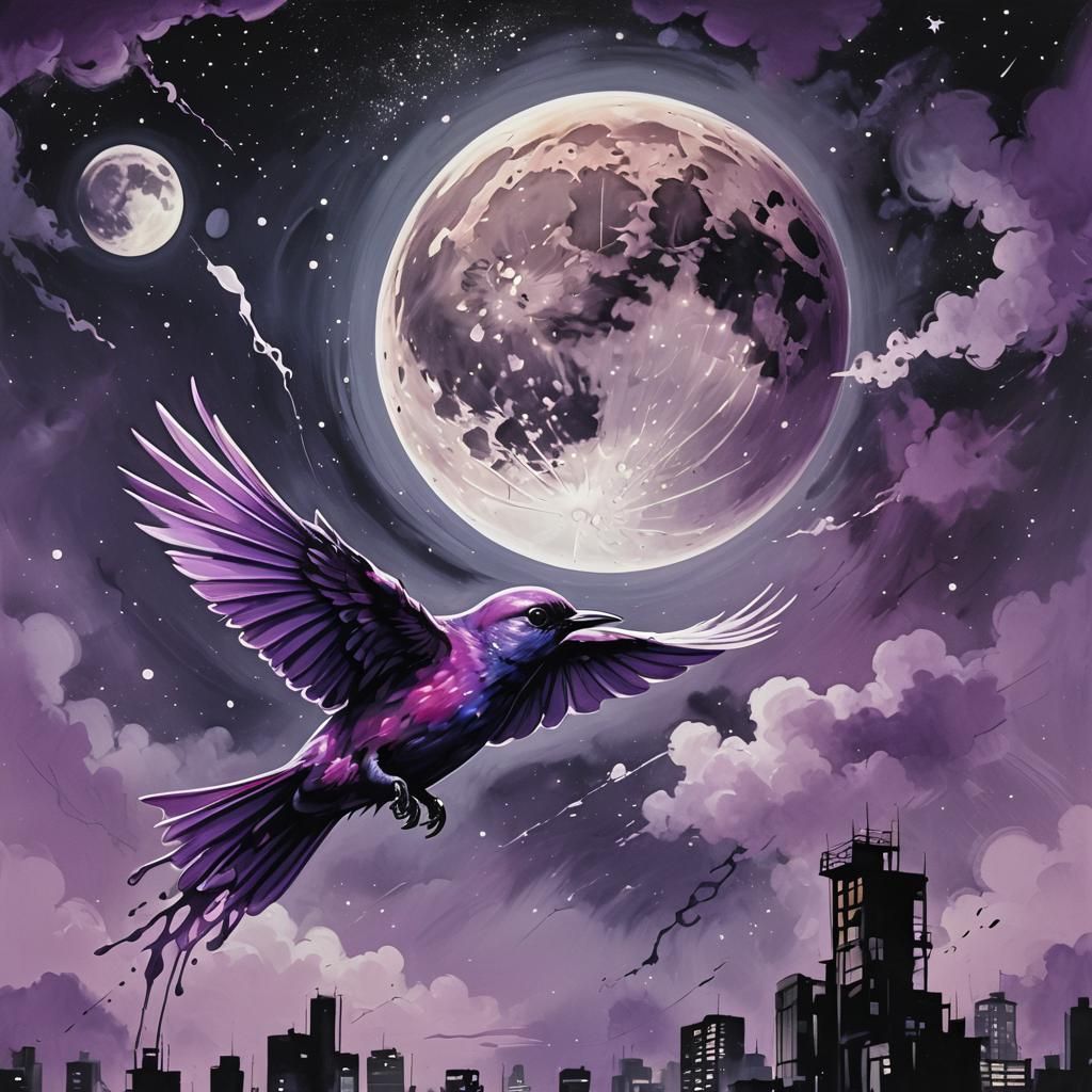 Purple Bird Flying at Night in Graffiti Art Style