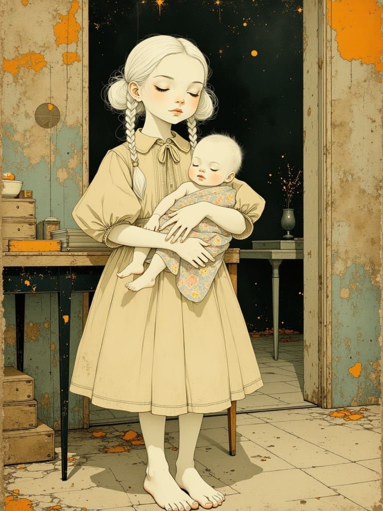 Girl Holding Baby in Arthur Rackham Style