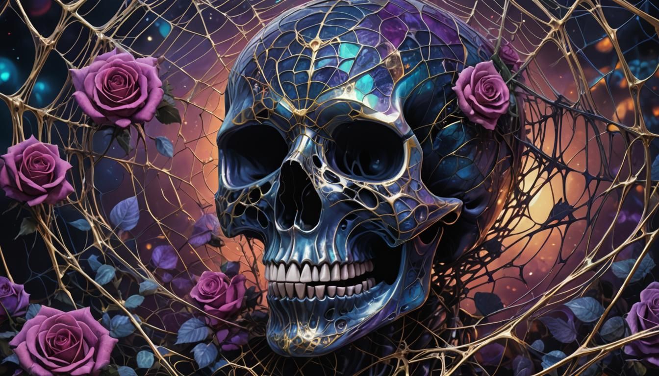 Surreal Skull Surrounded by Spiderwebs and Roses