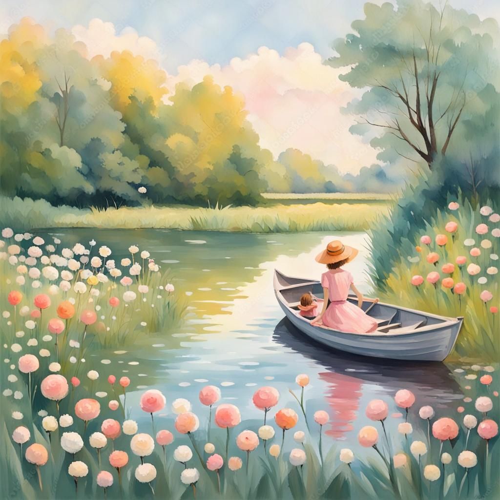 Pastel River Scene with Steamer in Gouache Style