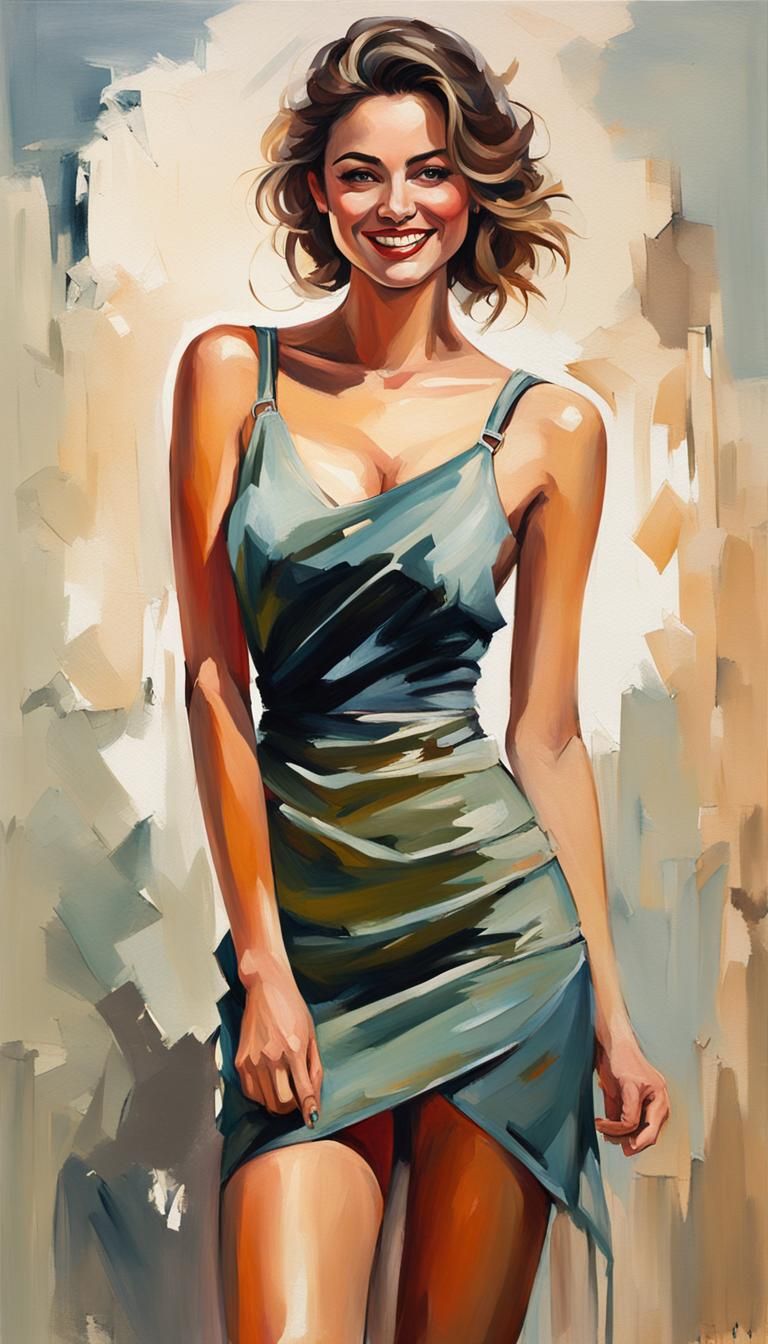 A (((very beautiful young woman, cute adorable))), dressed in a (((tank sling dress))), with a flushed yet eloquent expr...