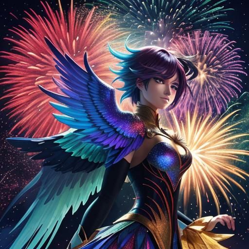 Anime Phoenix with Broken Wing in Sparkling Fireworks