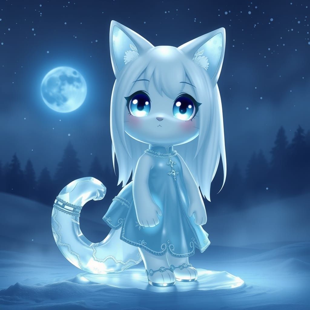 Ethereal Ice Catgirl Under Starry Night Sky