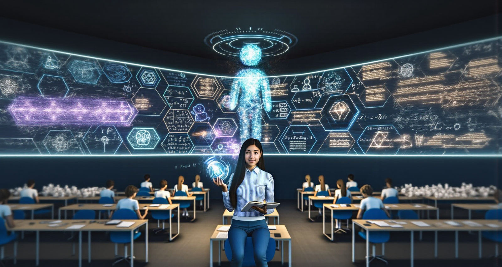 Futuristic Classroom with AI Tutor in Holographic Display