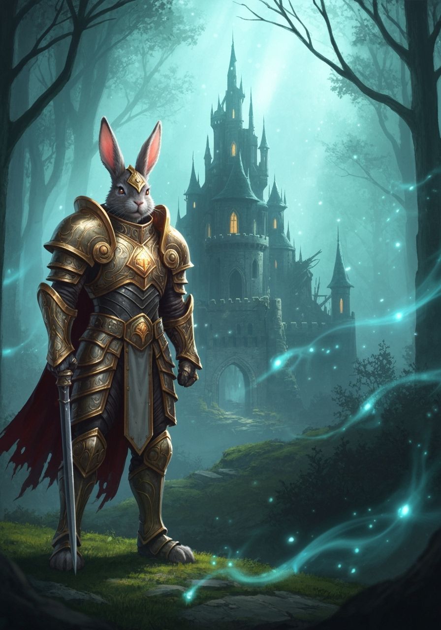Rabbit Knight Guards Ancient Forest Castle in Epic Fantasy A...