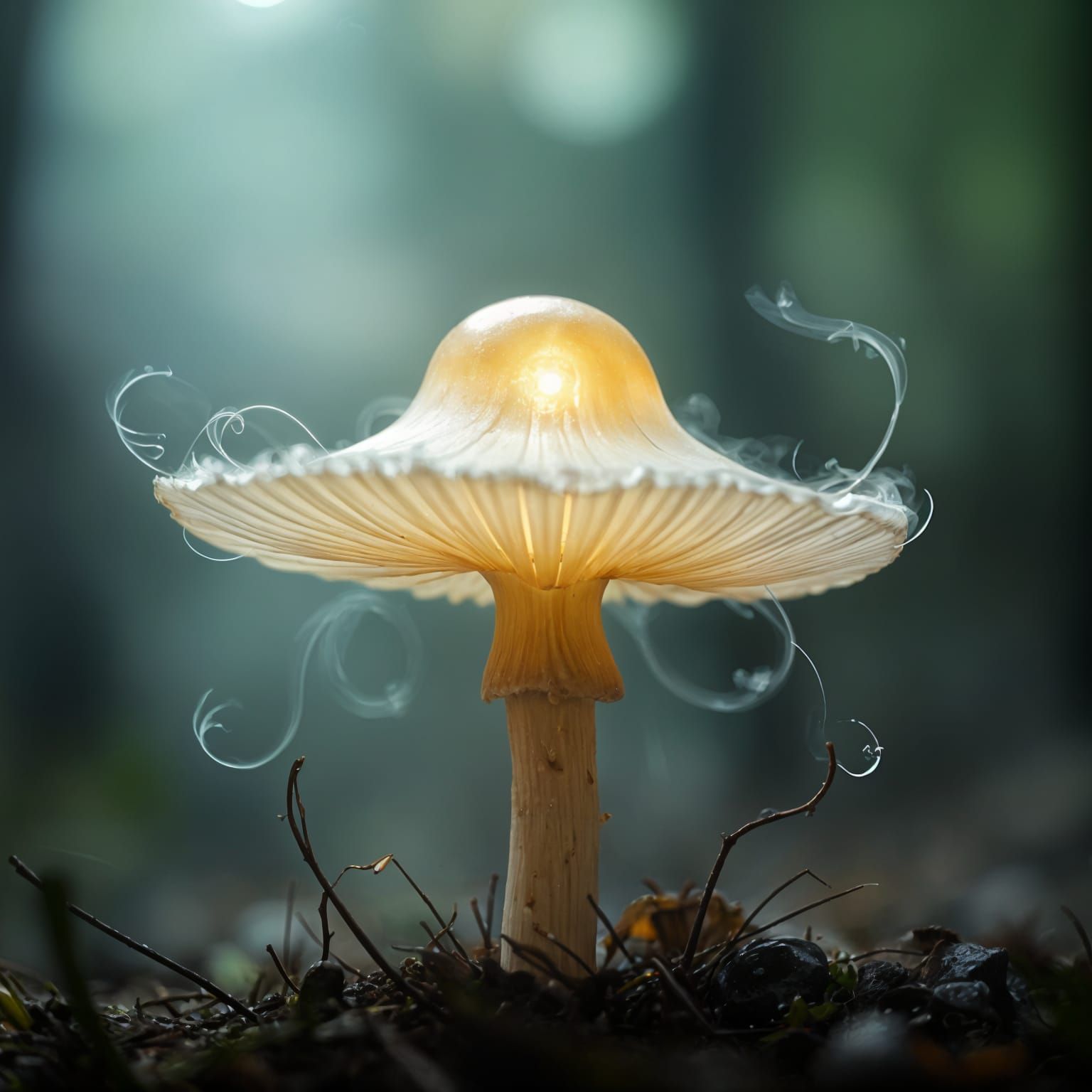 Bioluminescent Mushroom Radiating Light