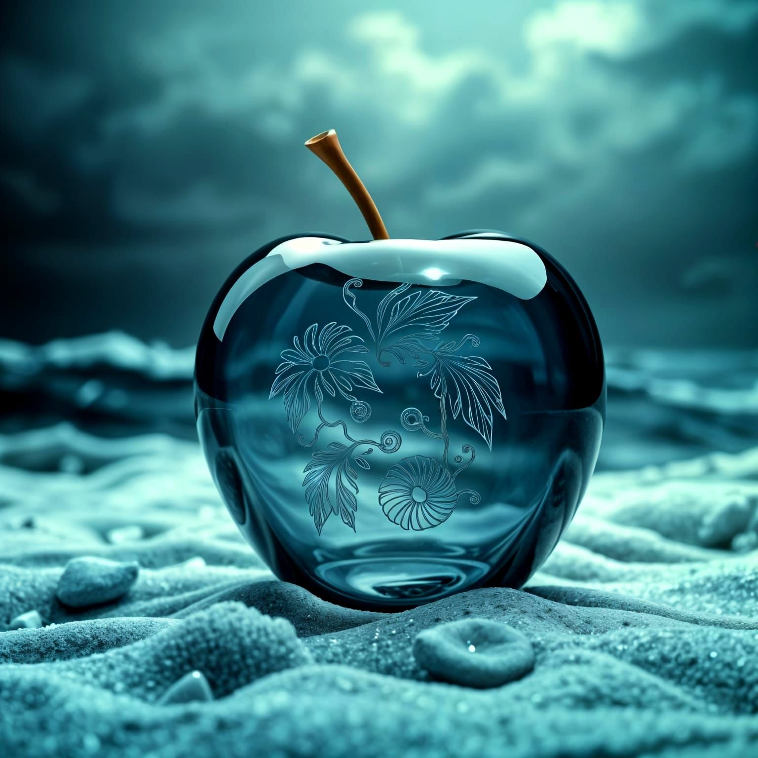 Surreal Glass Apple Sinks into a Stormy Sea