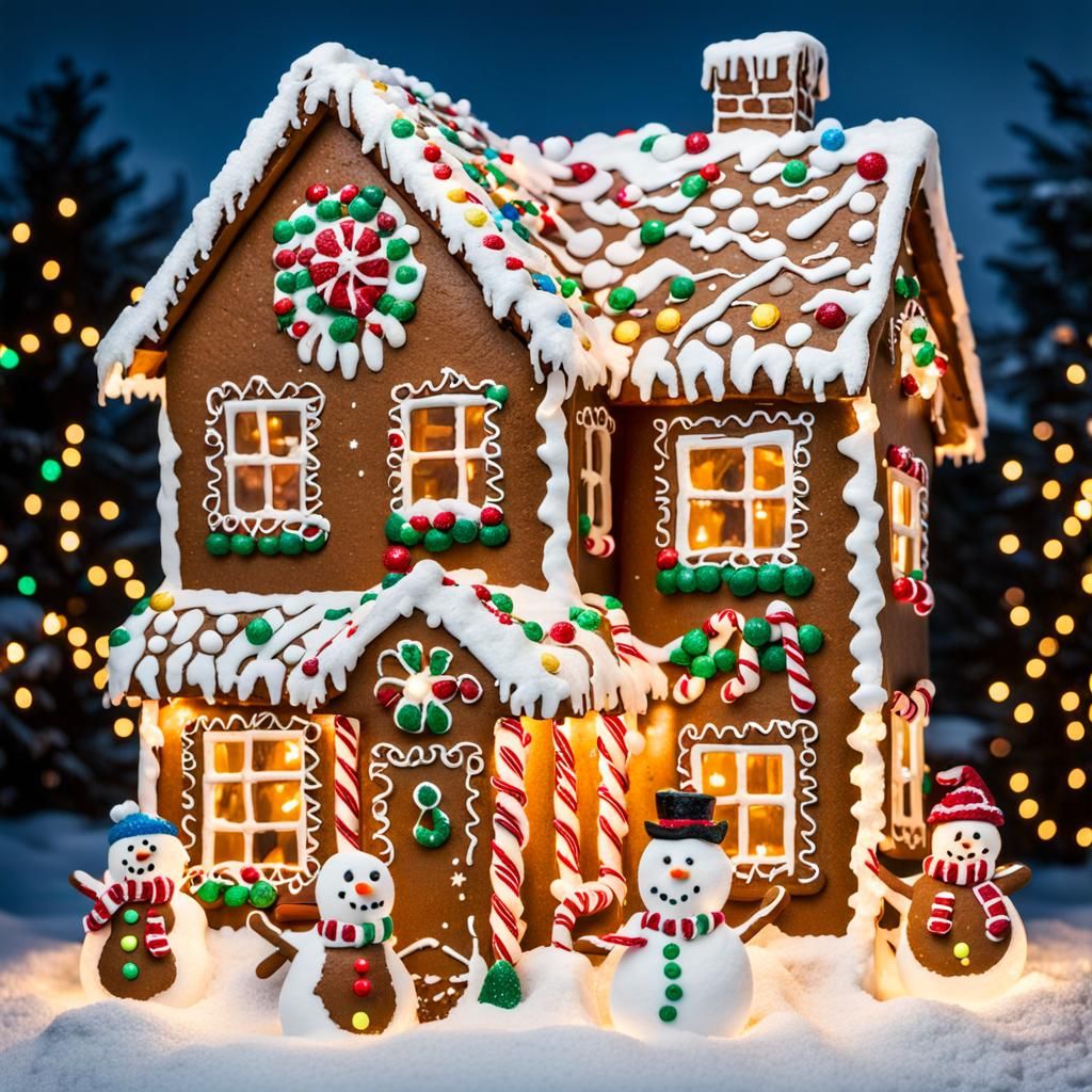 Festive Gingerbread House Scene with Christmas Lights