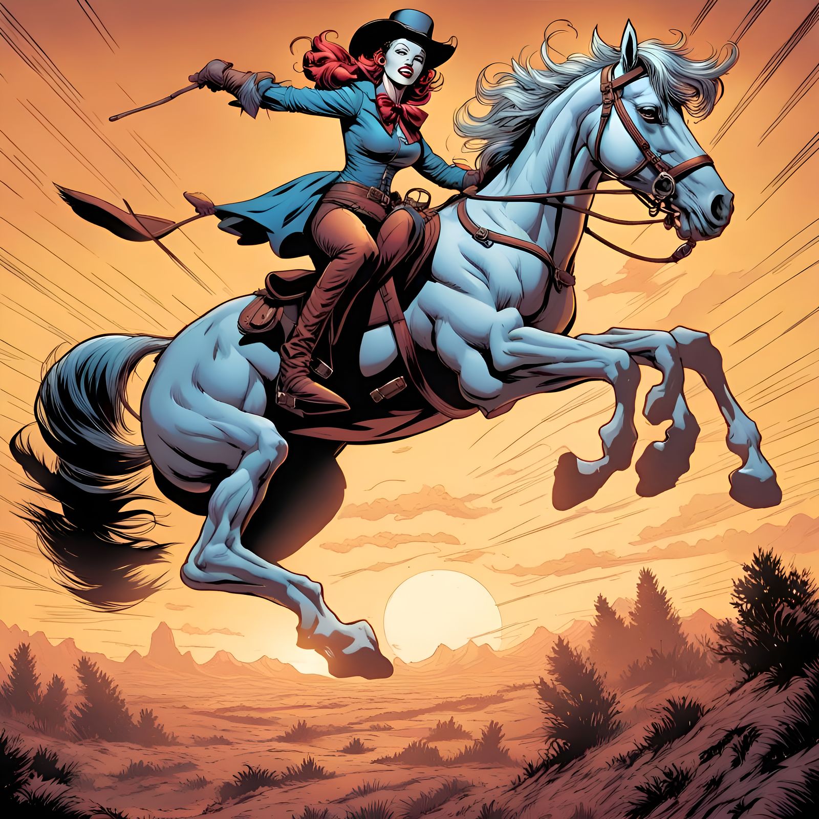 Cowgirl Clown Rides Horse in Comic Book Art Style