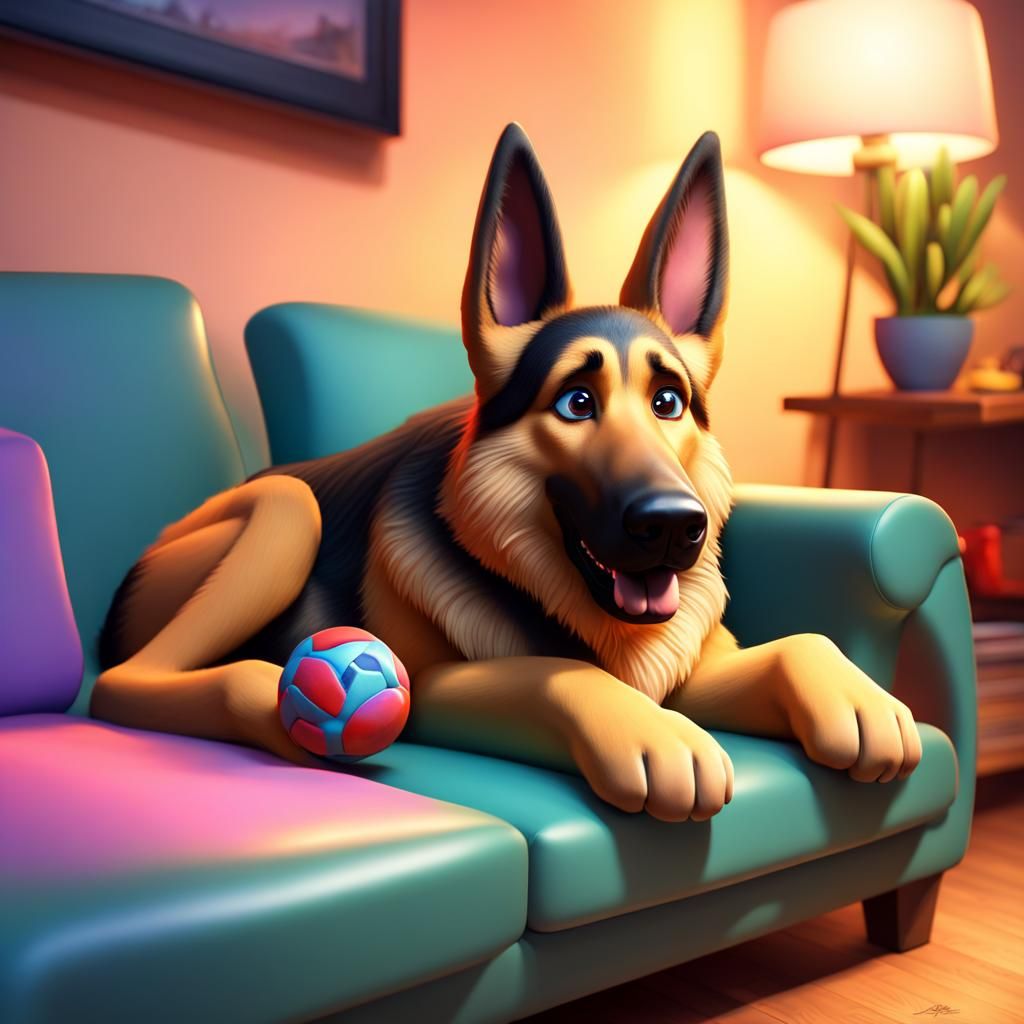 German Shepherd Relaxing with Chew Toy: Pixar-Style 3D Rende...