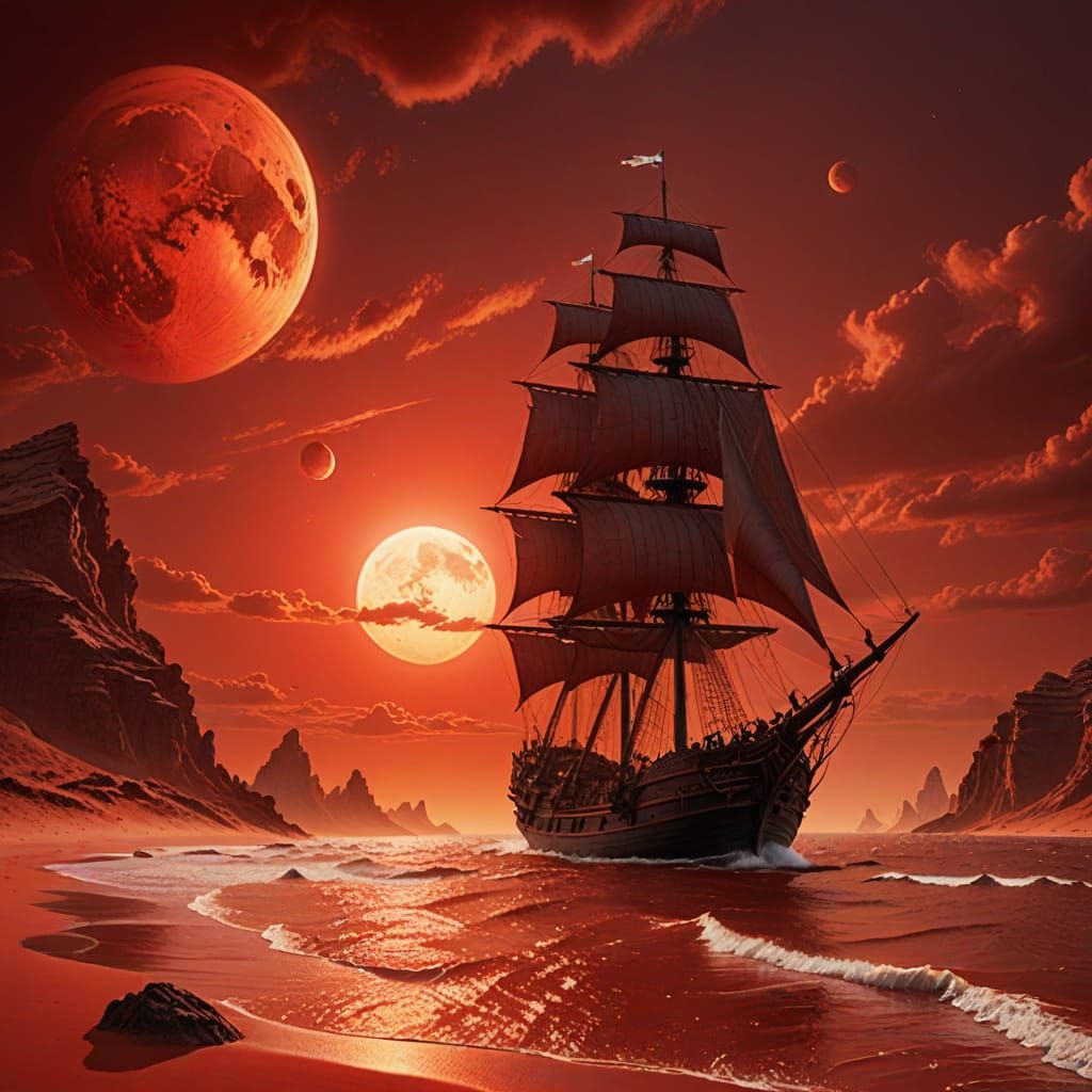 Sailing Ship on Alien Planet with Red Desert