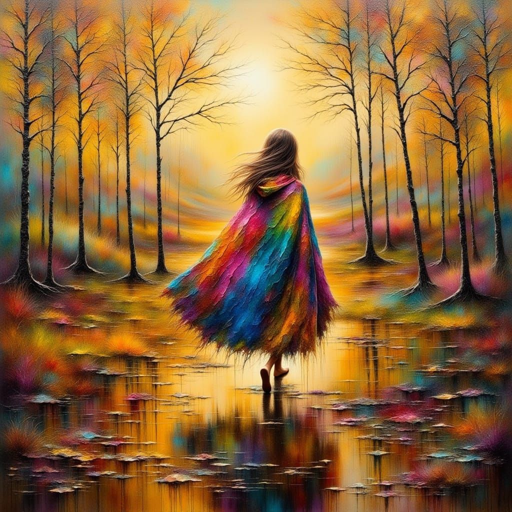 Surreal Woman in Vibrant Cloak: Dreamlike Impasto Oil Painti...