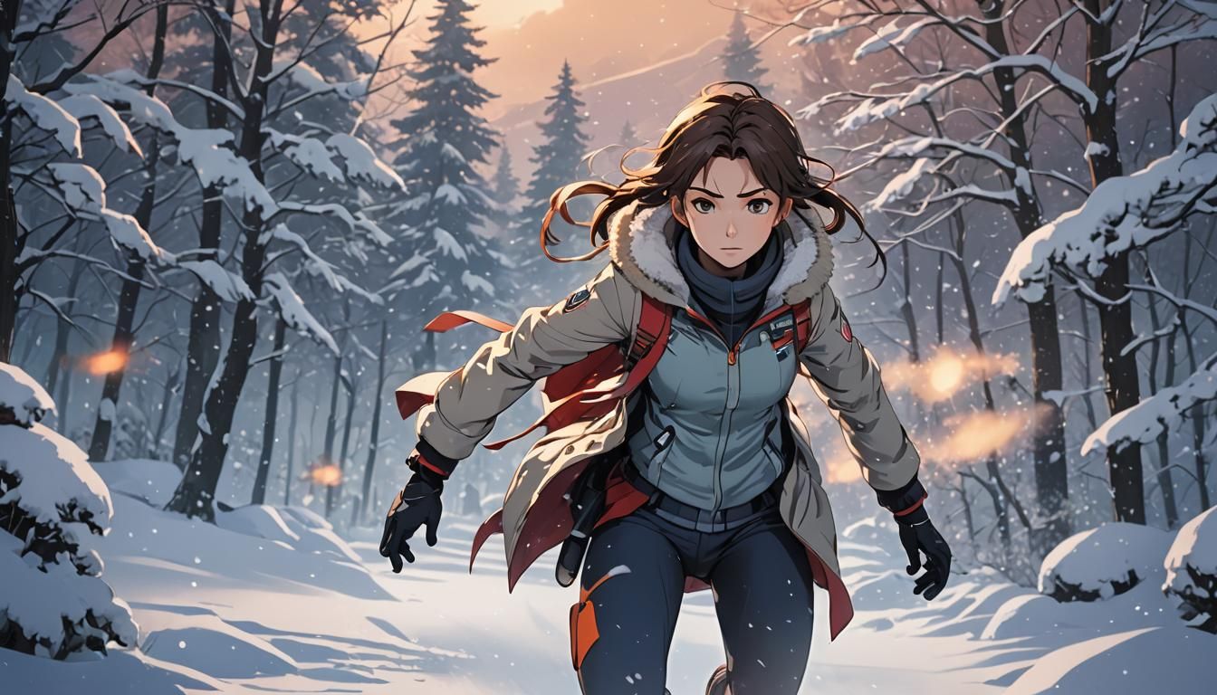 Anime Girl in Snowy Landscape, Cel-Shaded Style