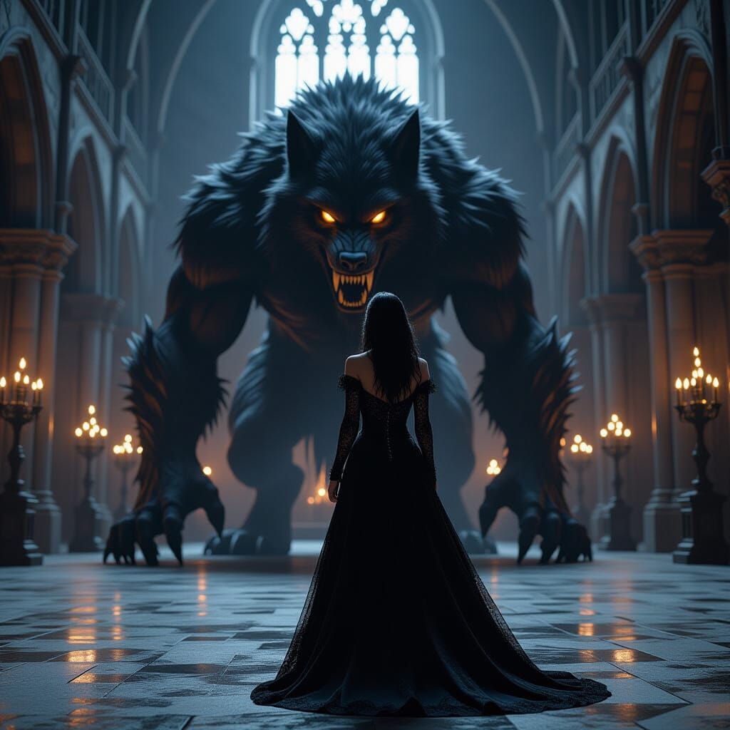 Gothic Woman and Werewolf in Castle Hall