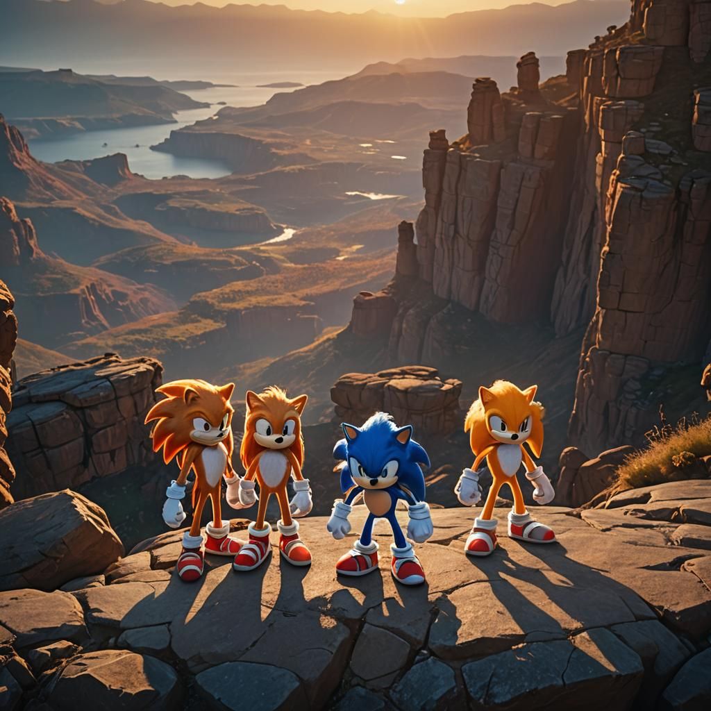 Sonic, Knuckles, and Tails at Sunset: Cinematic Still