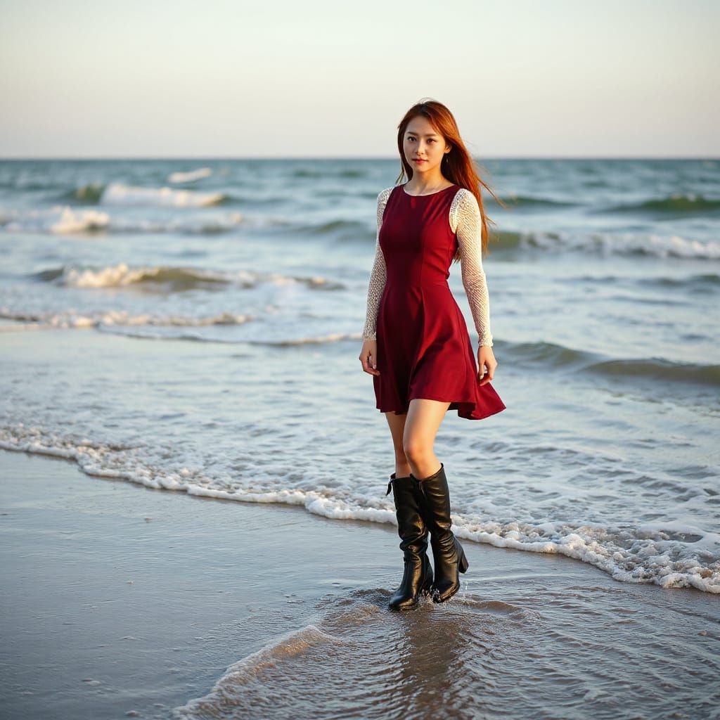 Japanese Woman Walking on Beach in Art Nouveau Style