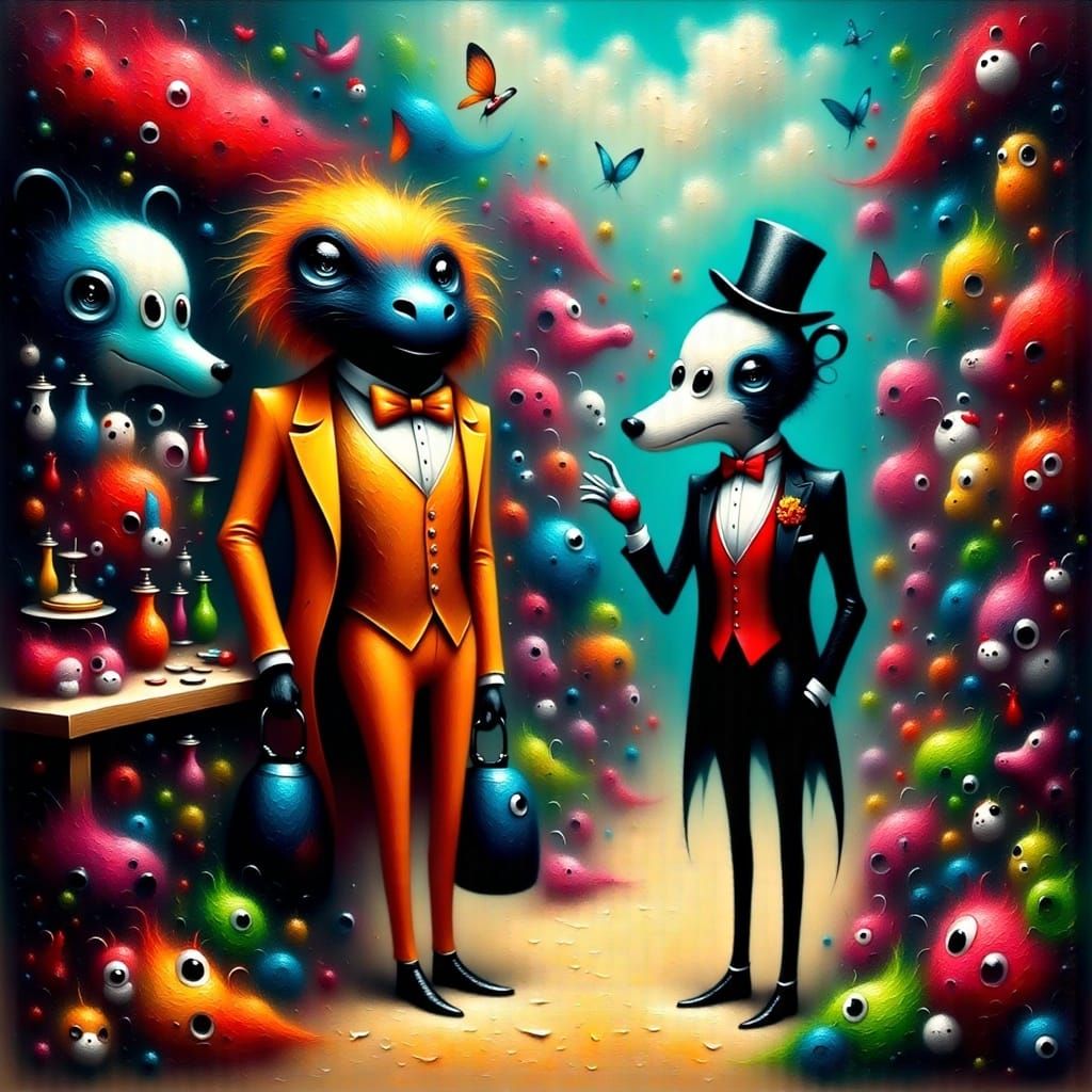 Groovy Fantasy Marketplace with Creatures in Bright Suits