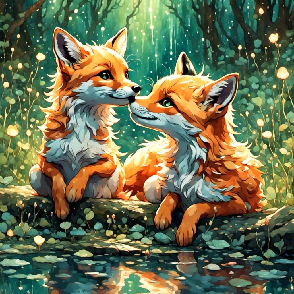 Foxes Playing in Prairie Landscape