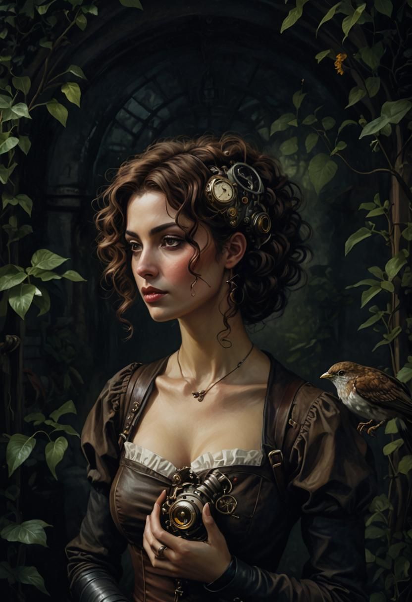 Steampunk Woman with Mechanical Heart in Garden